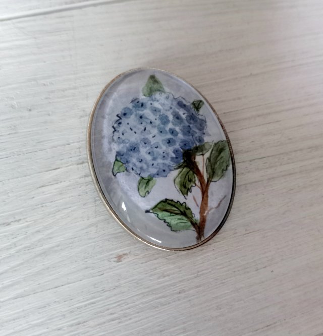 Broszka z mini akwarelą malowana hortensja