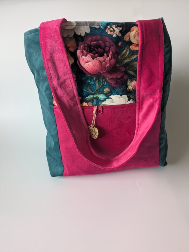 Handmade torba szoperka z weluru i tkaniny wodoodpornej - kwiaty