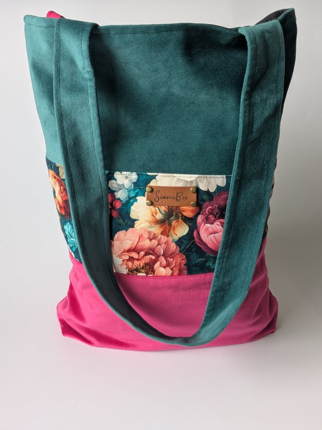 Handmade torba szoperka z weluru i tkaniny wodoodpornej - kwiaty