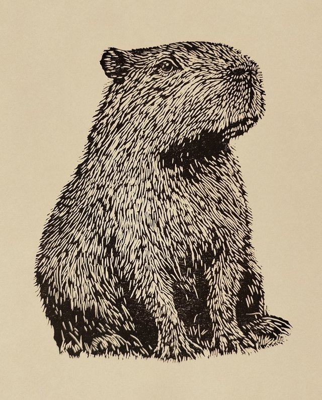 Linoryt, ilustracja, grafika, obrazek, obraz, ramka - Kapibara, Kapcia
