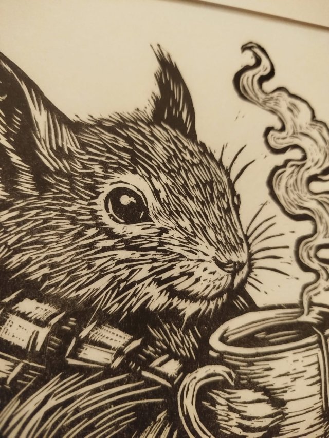 Linoryt, ilustracja, grafika, obrazek, obraz, sztuka - Wiewiórka "Jesieniara"