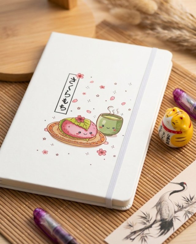 Notes A5 z gumką - japońskie mochi i matcha kawaii