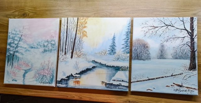 KOMPLET RĘCZNIE MALOWANYCH OBRAZÓW - TRYPTYK NATURY "ZIMOWE ZAMYŚLENIE" (darmowa dostawa)