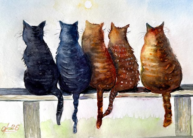 Towarzystwo kotów Original Akwarela A4