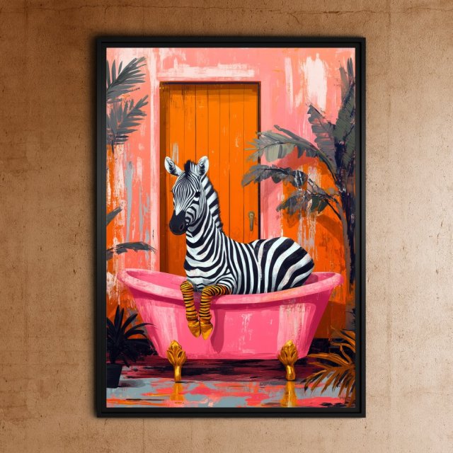 Zebra w różowej wannie - grafika na plakacie na A3