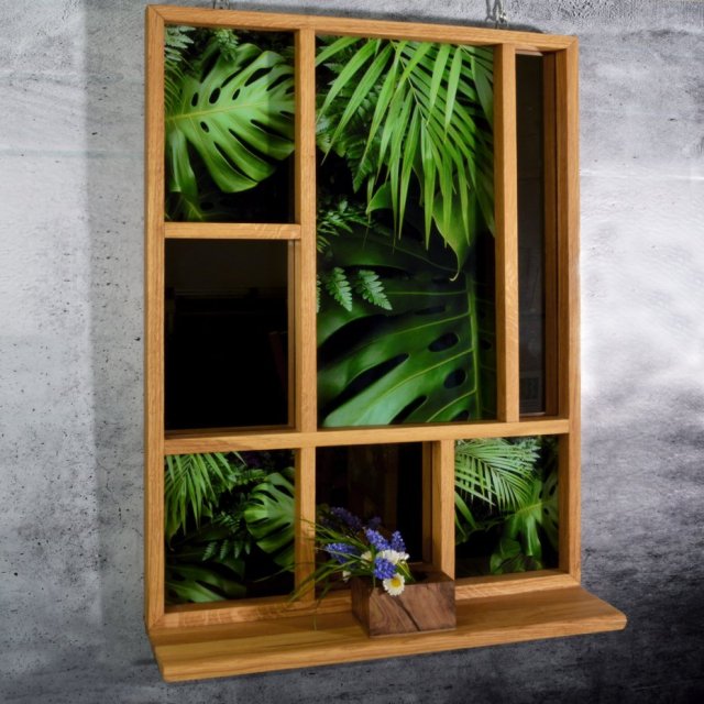 Wall-art dębowy z półką i monsterą