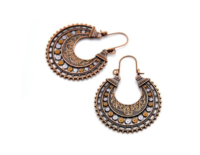 Kolczyki miedź patyna ornament fligran emalia boho