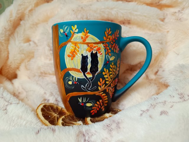 Romantyczna kocia noc ze świetlikami pełnia księżyca malowany ręcznie