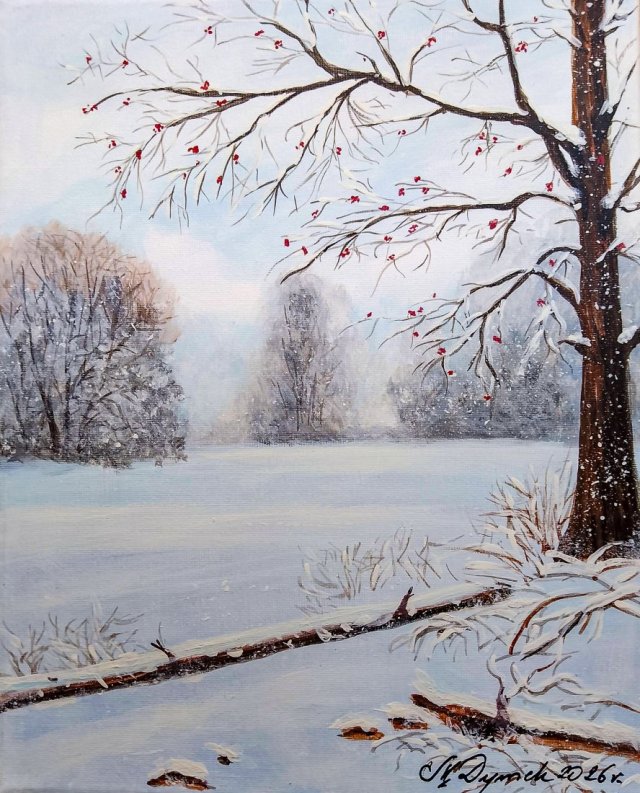 KLASYCZNY PEJZAŻ ZIMOWY W NOWOCZESNYM WYDANIU MALOWANY NA PŁÓTNIE -"W BIAŁEJ CISZY"