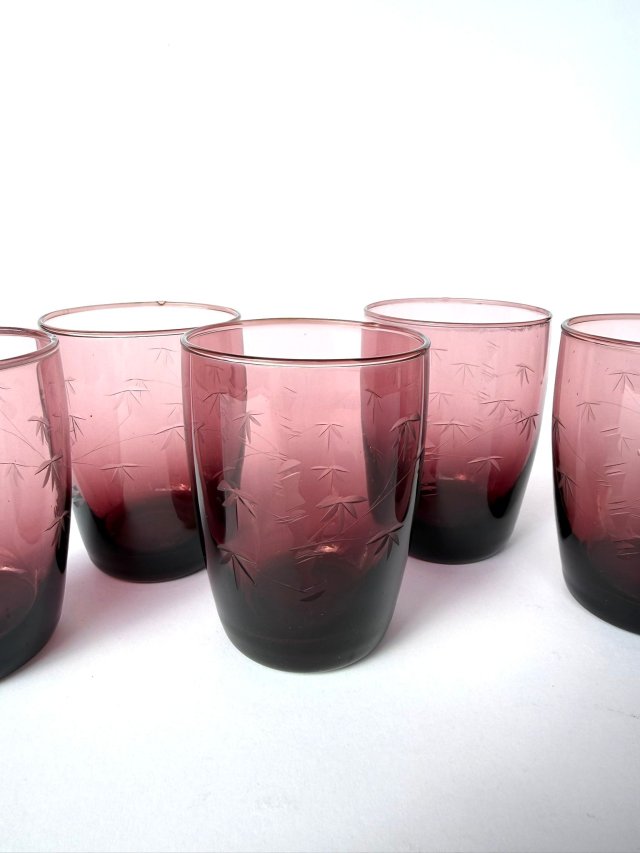 Kultowe szklanki literatki PRL wzór bambus szkło dymione fioletowe Polski design