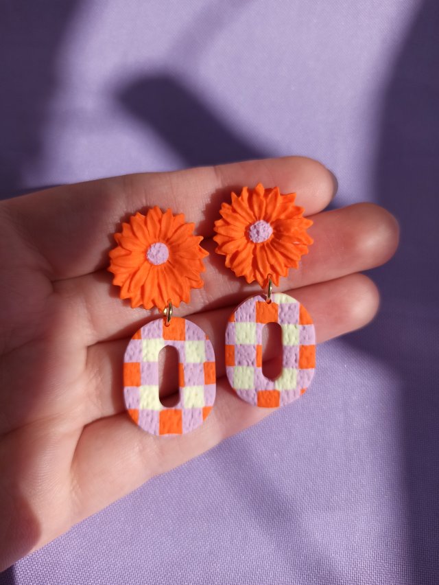 Kolczyki z gliny polimerowej pomarańczowa krata