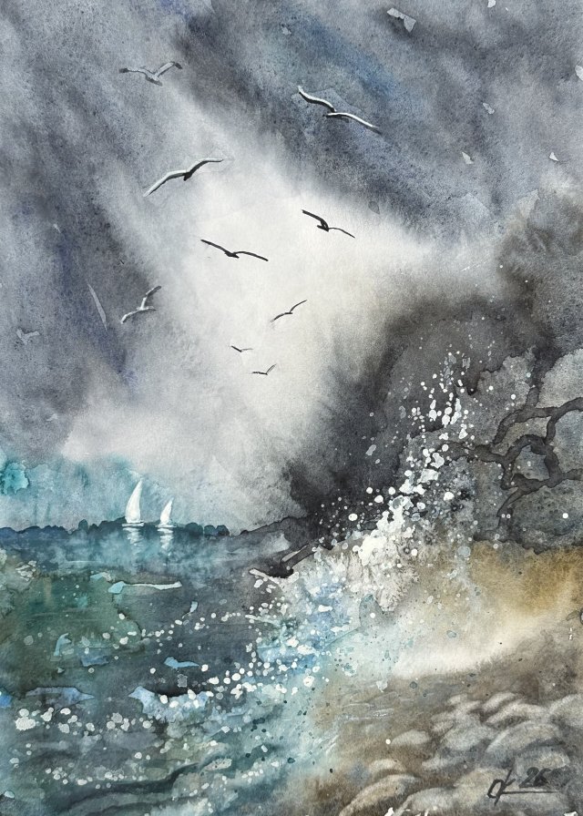 Wybrzeże morskie Original Akwarela A4