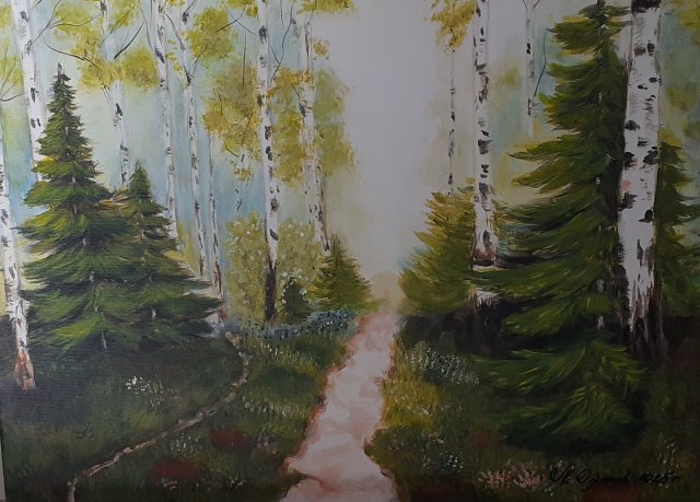 PEJZAŻ AKRYLOWY RĘCZNIE MALOWANY NA PŁÓTNIE "SZEPT BRZÓZ" - 40x30cm (darmowa dostawa)