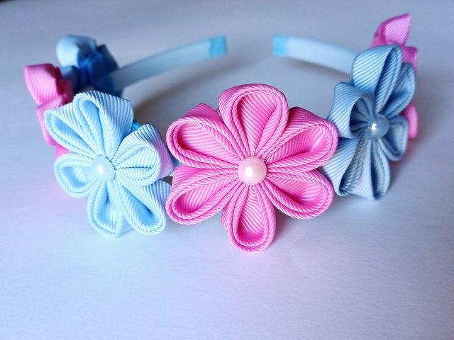 Opaska do włosów z kwiatami fuksja i niebieski