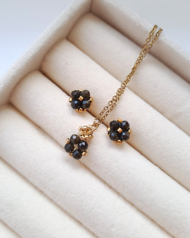 Komplet Biżuterii Obsydian Złocisty - Kolczyki Sztyfty i Naszyjnik