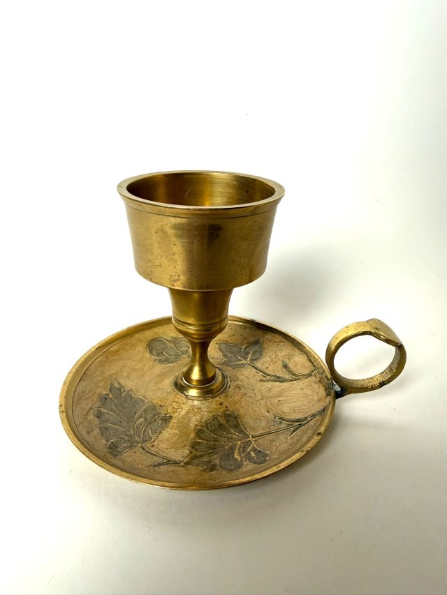 Stary Mosiężny Świecznik z uszkiem Lichtarz emalia liście Vintage retro home