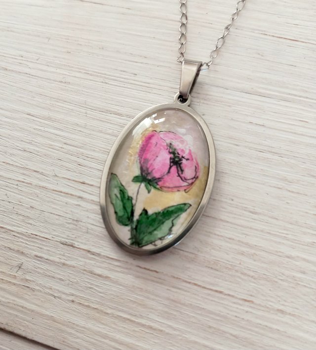 Naszyjnik z mini akwarelą...malowany mak