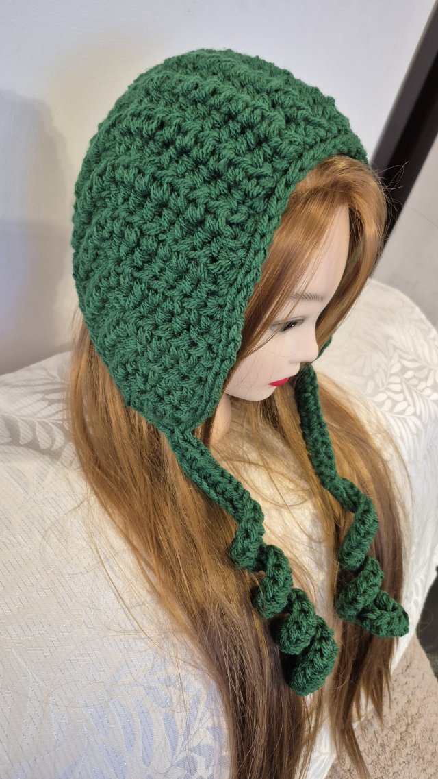 Ręcznie robiony kapturek typu bonnet | Zielony| Crochet