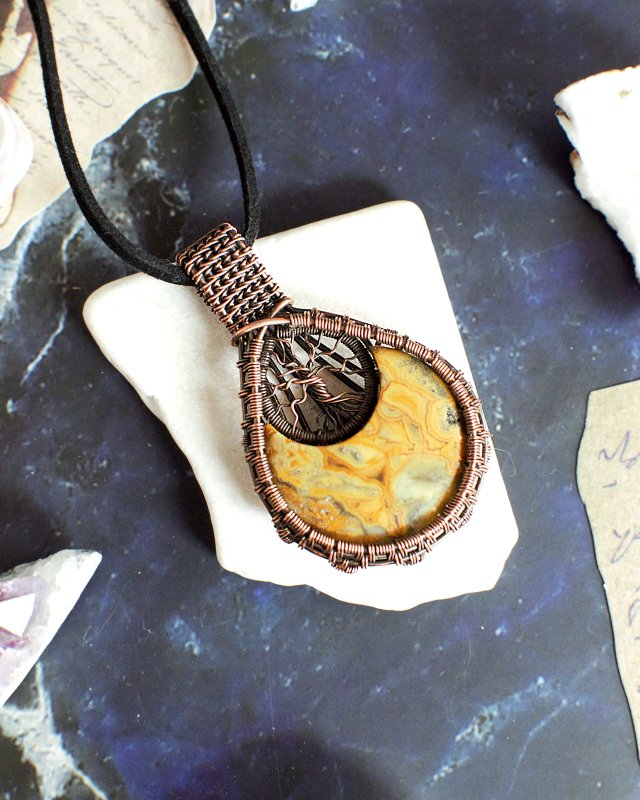 Wisior agat koronkowy księżyc półksiężyc drzewo słowiański miedź antyczna