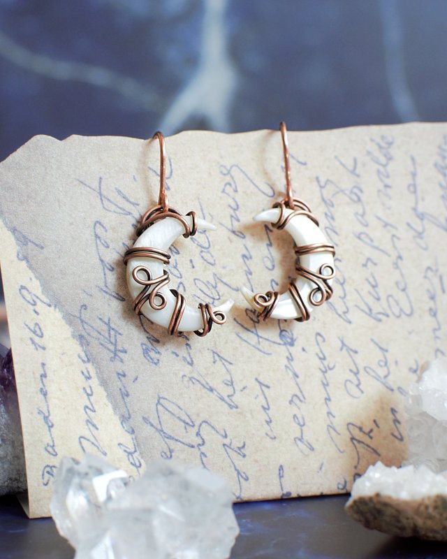 Kolczyki masa perłowa księżyc półksiężyc słowiański miedź antyczna