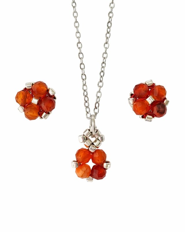 Komplet Biżuteri Karneol - Kolczyki Sztyfty i Naszyjnik