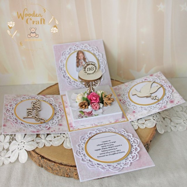 Exploding box komunijny, kartka na komunię "Pink Roses" GOTOWY