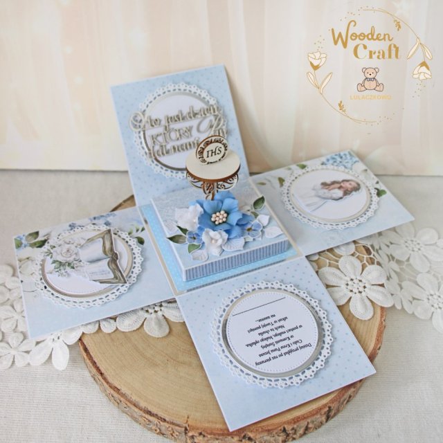 Exploding box komunijny, kartka na komunię "Lovely Day in Blue" GOTOWY