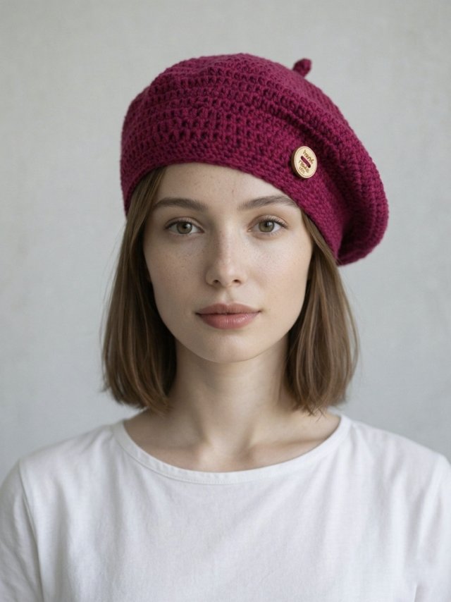 Wiosenny beret damski z antenką ręcznie robiony bawełna one size amarantowy