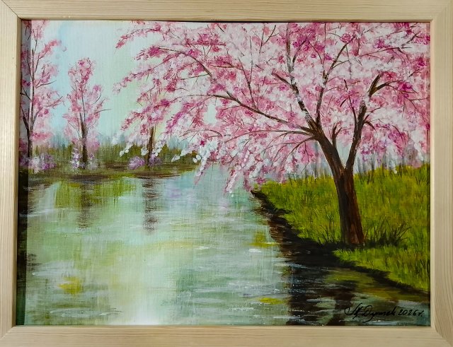 GOTOWY PEJZAŻ NA PREZENT - RĘCZNIE MALOWANY OBRAZ "PULS W RÓŻU" Z RAMĄ I MOTTO