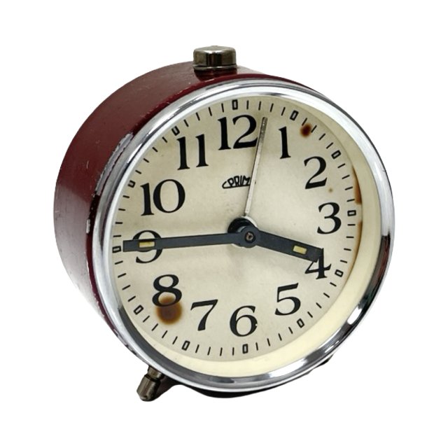 Bordowy budzik mechaniczny PRIM Vintage, SPRAWNY, Czechosłowacja, lat 60.