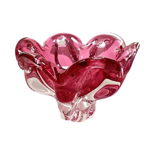 Szklana różowa patera Chřibská , Josef Hospodka, Bohemia vintage, lata 60.