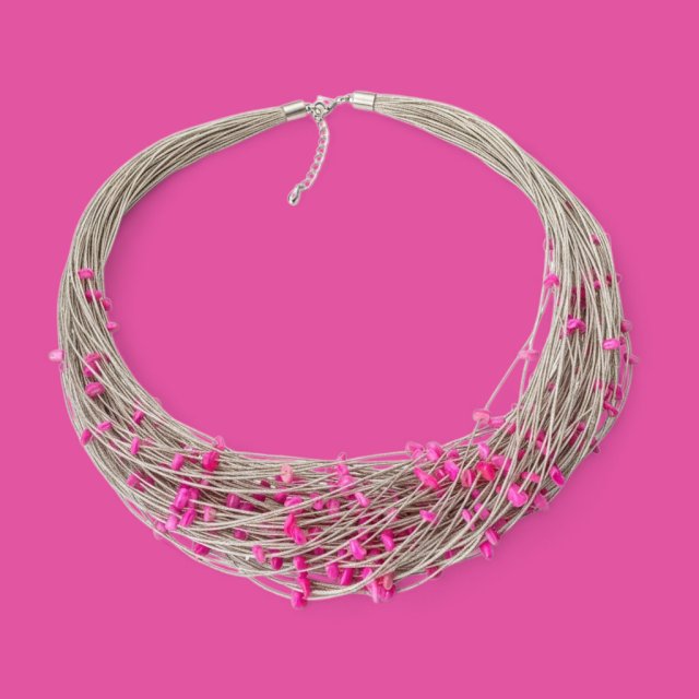 NASZYJNIK Z LNU Z RÓŻOWĄ MASĄ PERŁOWĄ