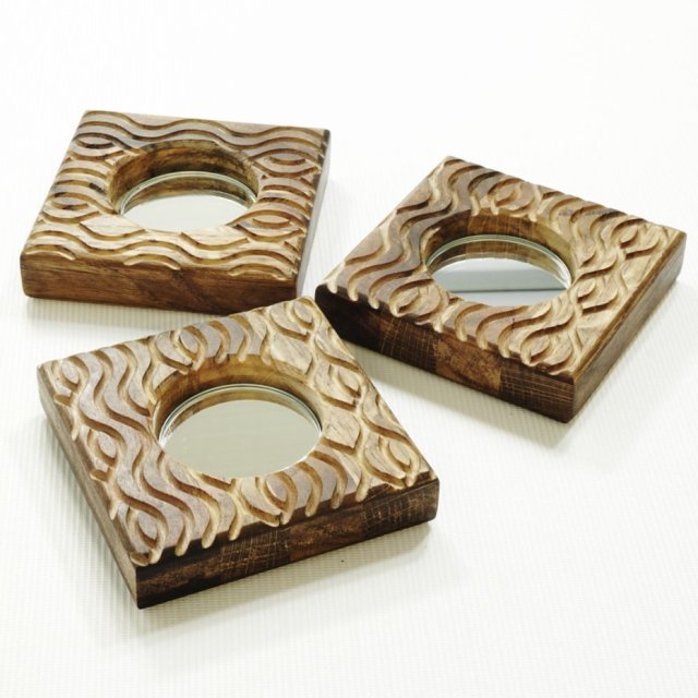 Podstawy pod tealighty | zestaw 3 cz. | lite drewno | lustro