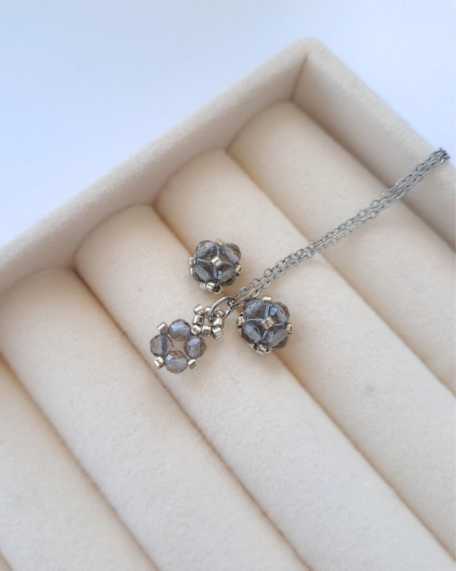 Komplet Biżuterii Kwarc Dymny - Kolczyki Sztyfty i Naszyjnik