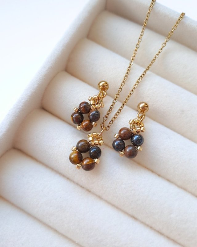 Komplet Biżuterii Tygrysie Oko - Kolczyki Sztyfty i Naszyjnik