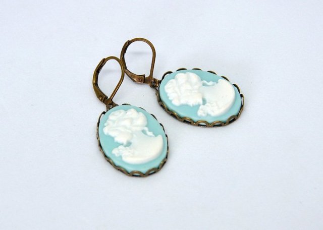 Kolczyki kamea mosiądz jasny turkus biel vintage