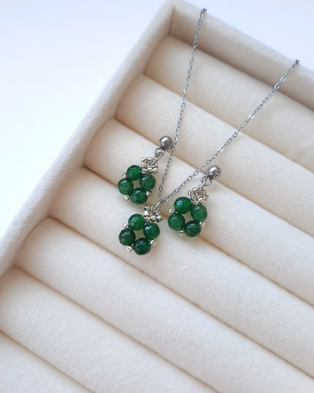 Komplet Biżuterii Jadeit Ciemnozielony - Kolczyki Sztyfty i Naszyjnik