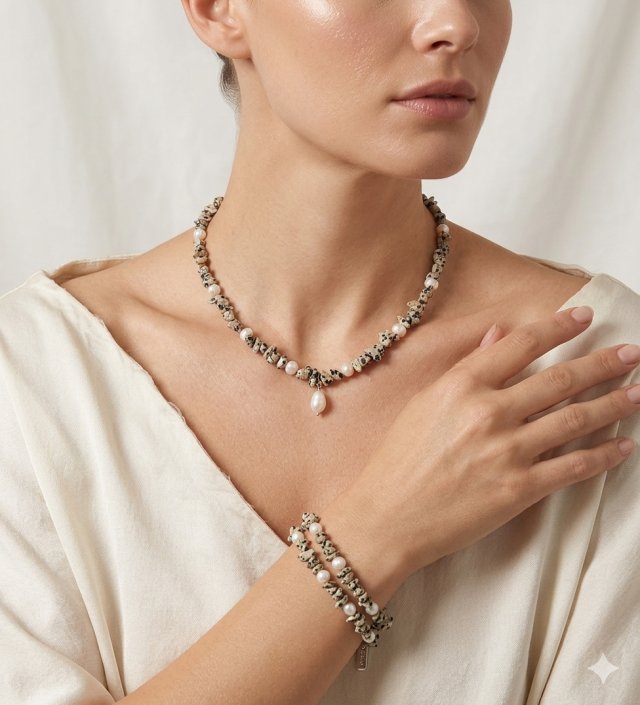 Elegancki Zestaw Biżuterii: Naszyjnik z Perłą i Bransoletka - Jaspis