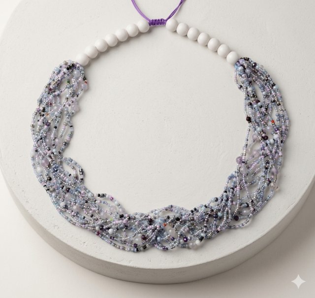 Wielowarstwowy Naszyjnik Boho z Koralików - Odcienie Szarości i Lawendy