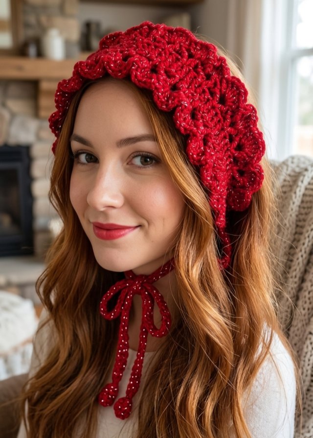 Ręcznie robiona opaska na głowę – Intensywna Czerwień ze Srebrną Nitką – Boho/Retro