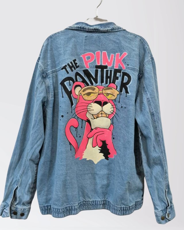 Kurtka jeansowa - Pink Panther - vintage ręcznie malowana - 3XL oversize - UNIKAT