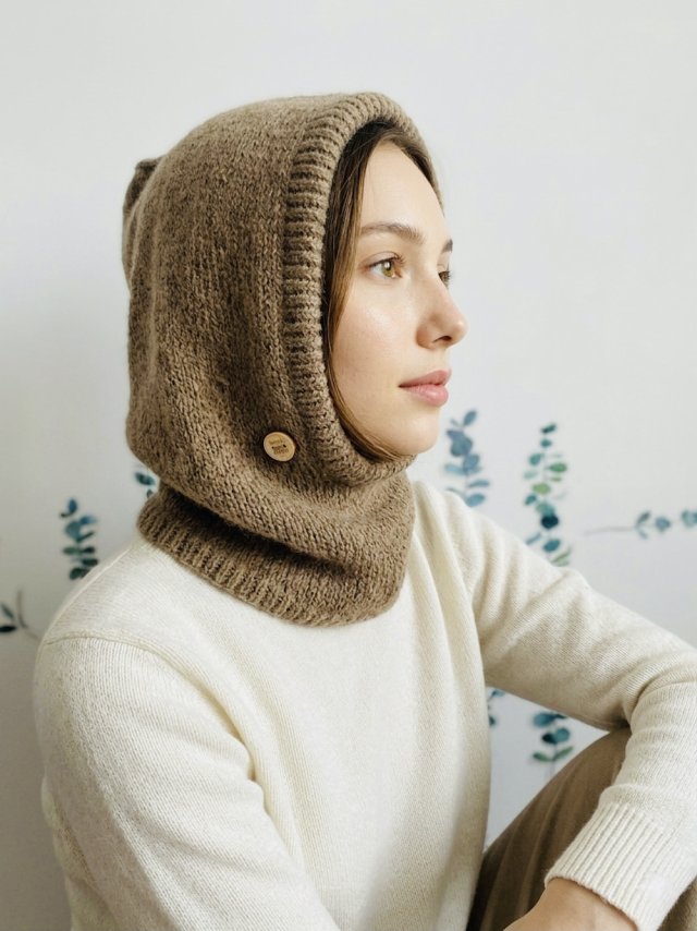 Balaclava kominiarka kaptur czapka 100% alpaka ręczna robota nugat