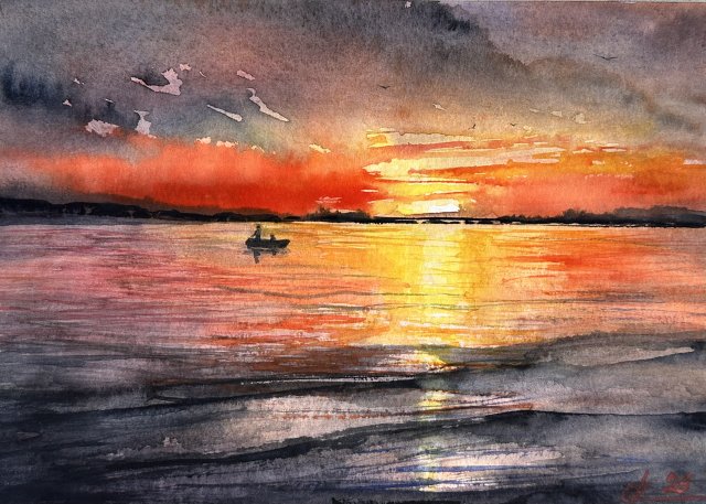 Zachód słońca w lagunie. Original Akwarela A4