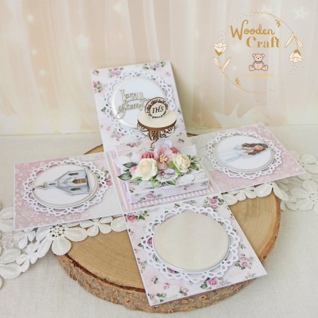 Exploding box komunijny, kartka na komunię "Pink Roses 4" GOTOWY