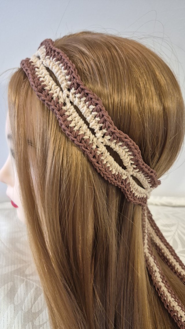 Szydełkowa opaska boho z bawełny – beż i brąz – Handmade