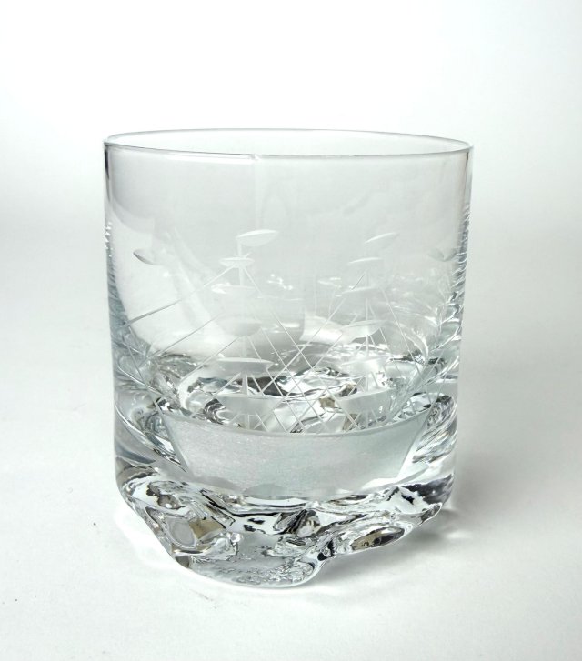 Kryształowa Szklanka do Whisky grawer Statek Old Fashioned Vintage lata 80 PRL
