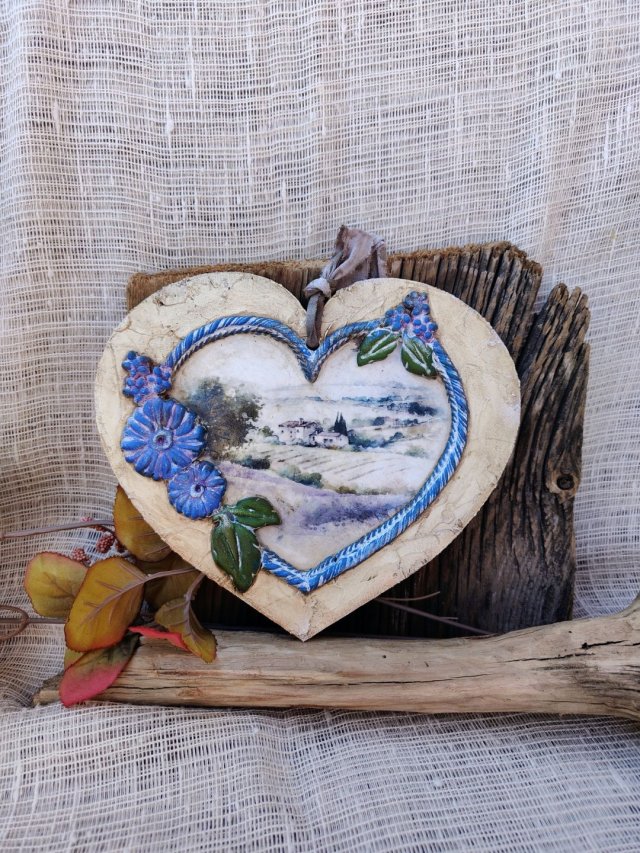 Rustykalna zawieszka serce Lawendowa Toskania – rękodzieło decoupage