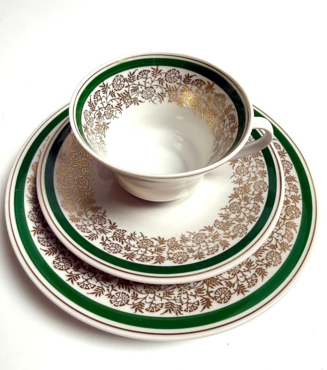 Trio Zestaw Śniadaniowy Weimar Vintage NRD Złocony motyw floralny Filiżanka Retro lata 60/70