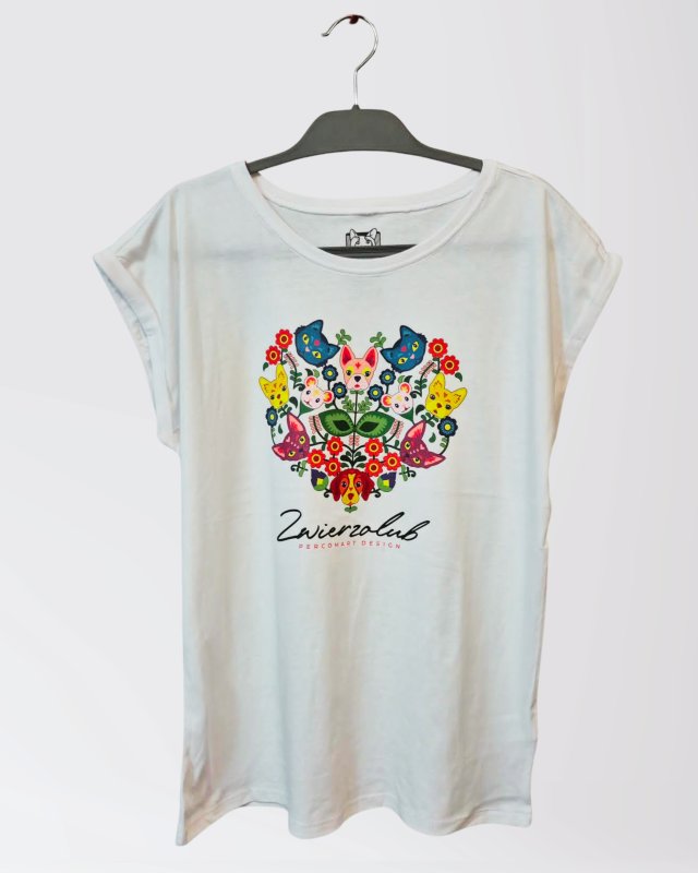 T-shirt damski - Zwierzolub - pieski kotki - wzór folkowy - XL