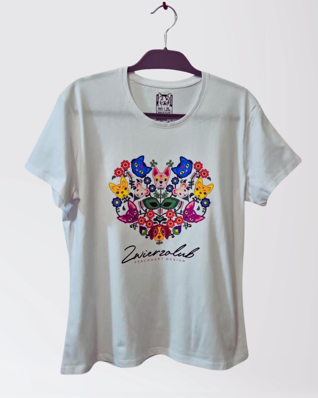 T-shirt damski - Zwierzolub - pieski kotki - wzór folkowy - XL